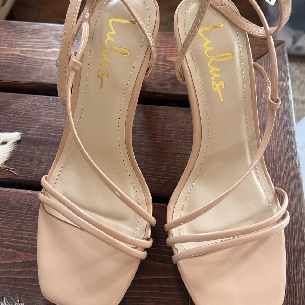 Lulus Ameera Light Nude Patent Ankle Strap Heels